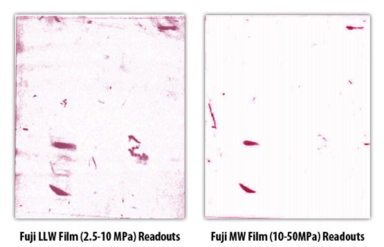 Pressure Maps from Fuji LLW Film (2.5-10MPa) and Fuji Prescale MW Film (10-50Mpa) Pressure map readouts (Fuji Prescale LLW 2.5-10MPa and Fuji Prescale MW 10-50MPa) reveal injury level and surface area affected)