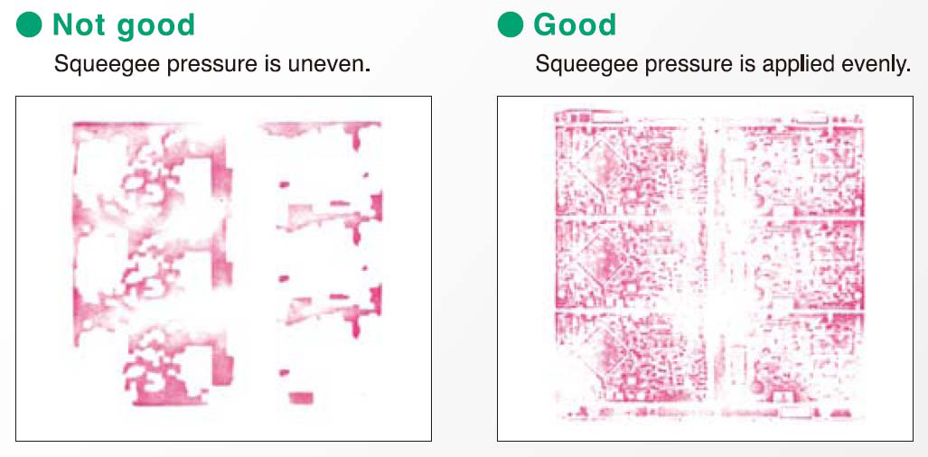 Measuring Pressure Distribution Of Solder Cream Application for Surface-Mount Devices Not Good VS. Good Squeegee pressure on Fuji Prescale film